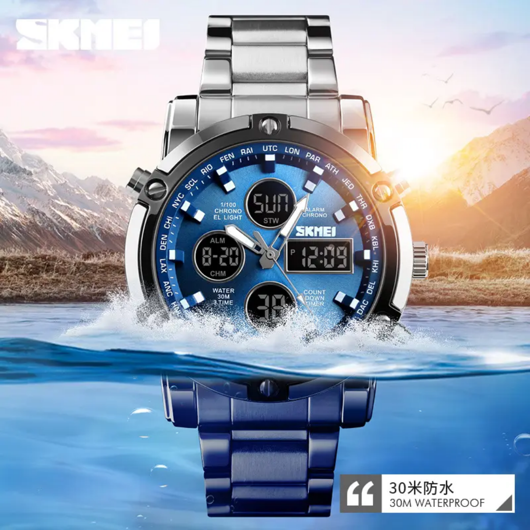 SKMEI 1389 Dual Time Silver Blue Multifunctional Men’s Premium Watch - Image 3